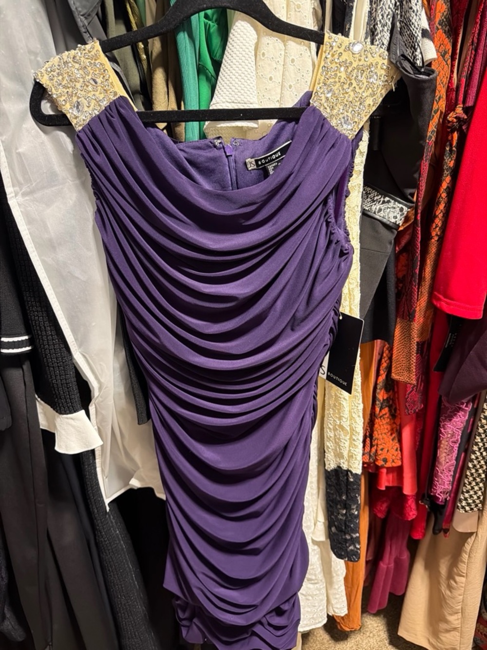 JS Boutique Purple Ruched Midi Dress with Gold Beaded Shoulders